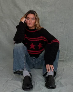 Motel Rocks Jumpers-Lulees Oversized Jumper in Black with Red Star and Stripes BlackwithRedStarandStripes