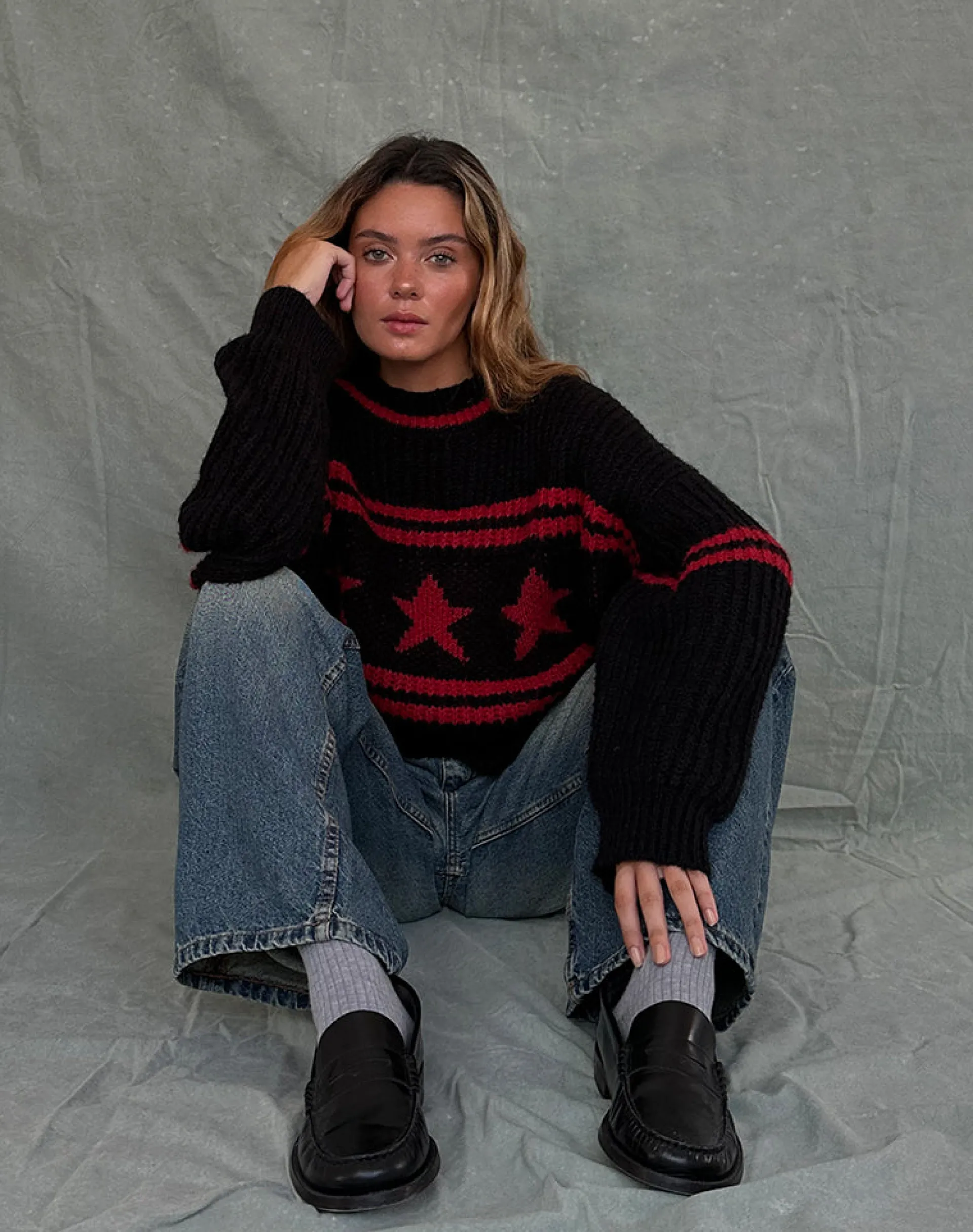Motel Rocks Jumpers-Lulees Oversized Jumper in Black with Red Star and Stripes BlackwithRedStarandStripes