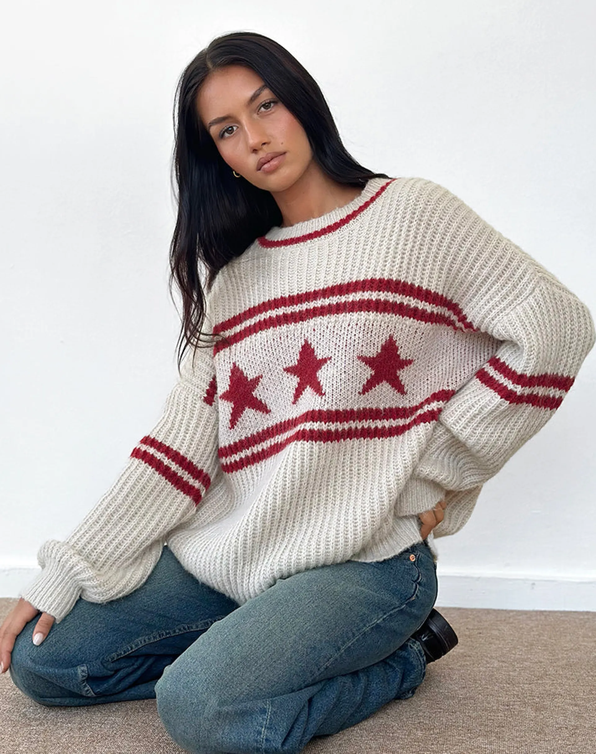 Motel Rocks Jumpers-Lulees Oversized Jumper in Oat with Star Stripe OatwithStarStripe