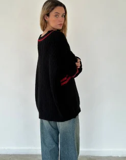 Motel Rocks Jumpers-Lulees Oversized Jumper in Black with Red Star and Stripes BlackwithRedStarandStripes