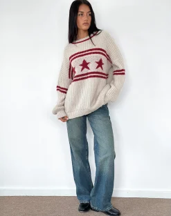 Motel Rocks Jumpers-Lulees Oversized Jumper in Oat with Star Stripe OatwithStarStripe