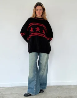 Motel Rocks Jumpers-Lulees Oversized Jumper in Black with Red Star and Stripes BlackwithRedStarandStripes