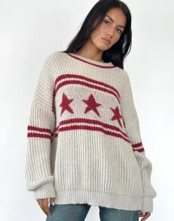 Motel Rocks Jumpers-Lulees Oversized Jumper in Oat with Star Stripe OatwithStarStripe