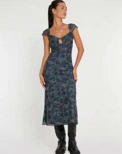 Motel Rocks Midi Dresses-Lunama Mesh Midi Dress in Tonal Blue Paisley