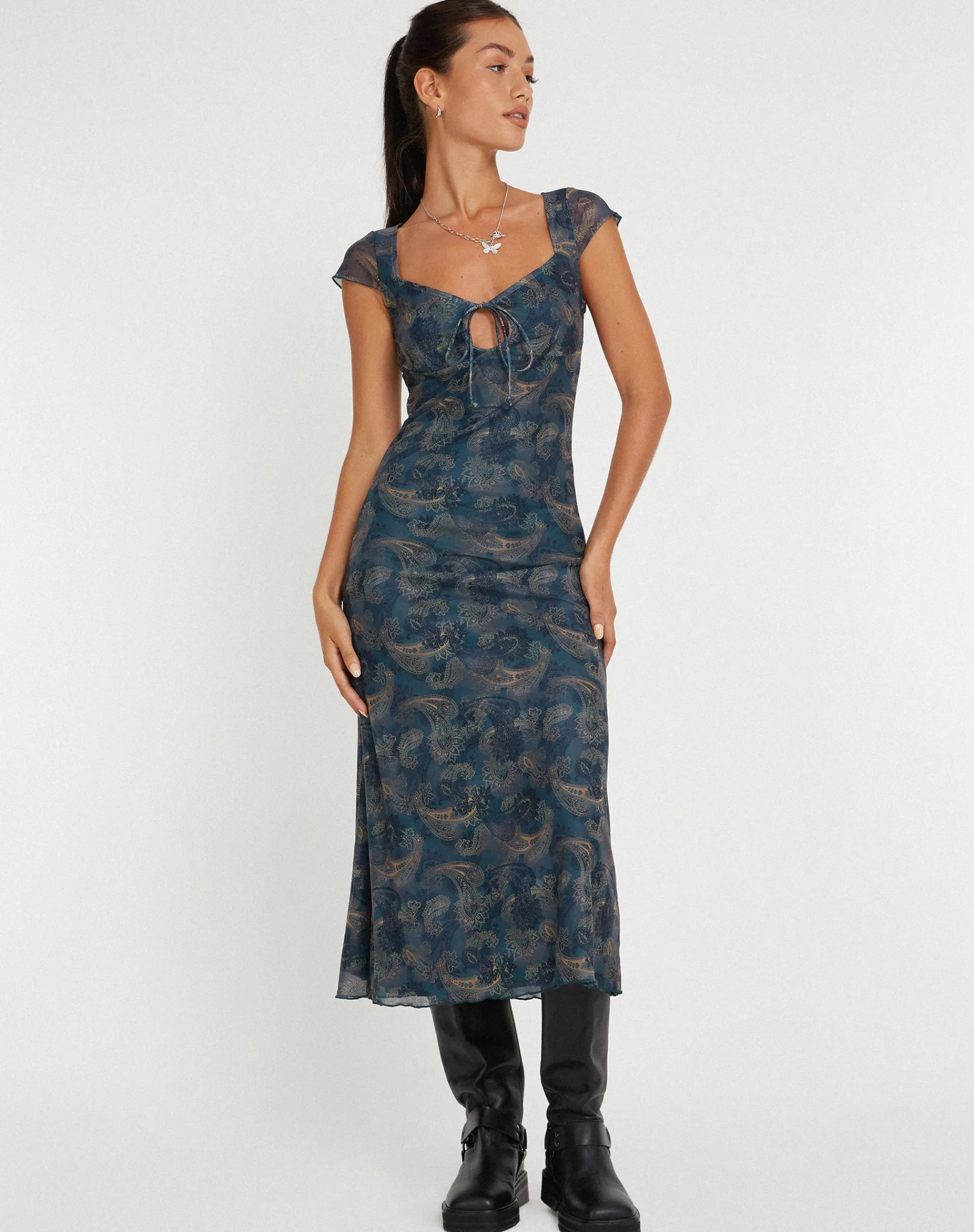 Motel Rocks Midi Dresses-Lunama Mesh Midi Dress in Tonal Blue Paisley
