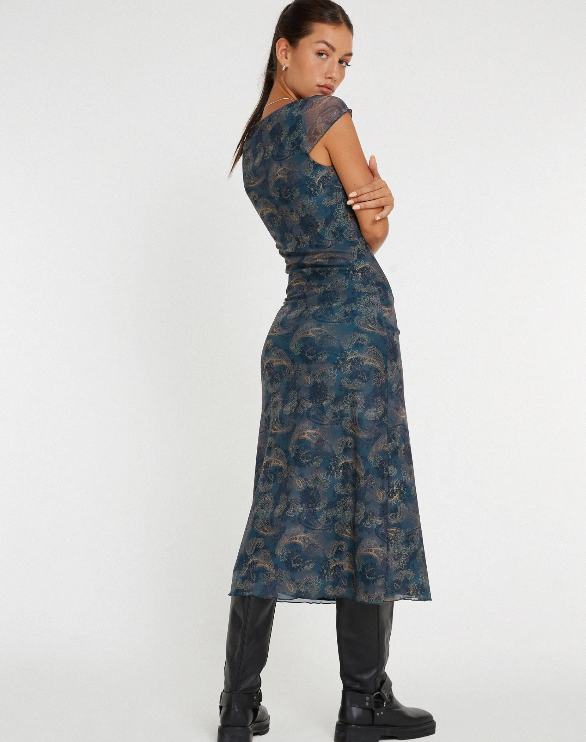 Motel Rocks Midi Dresses-Lunama Mesh Midi Dress in Tonal Blue Paisley