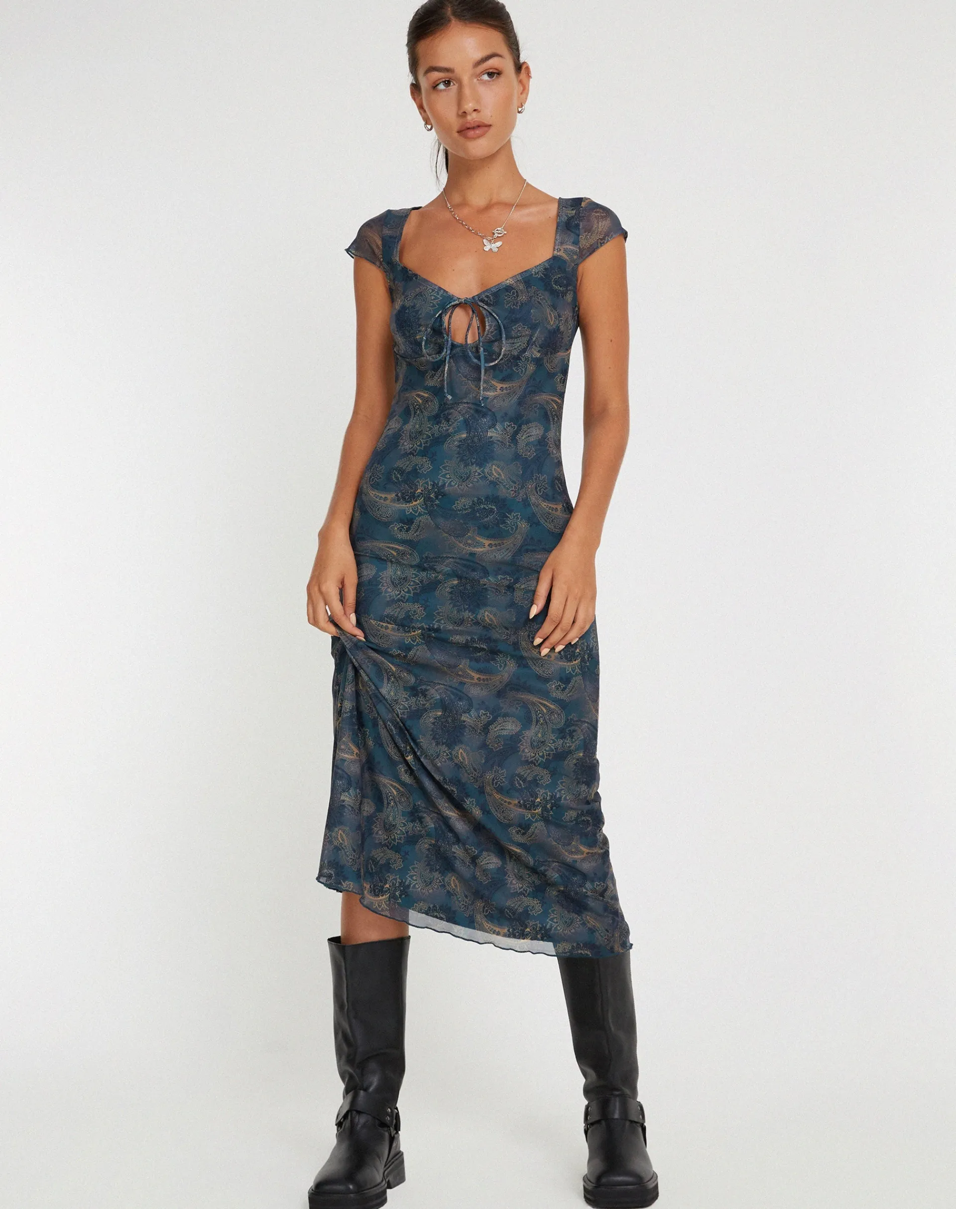 Motel Rocks Midi Dresses-Lunama Mesh Midi Dress in Tonal Blue Paisley