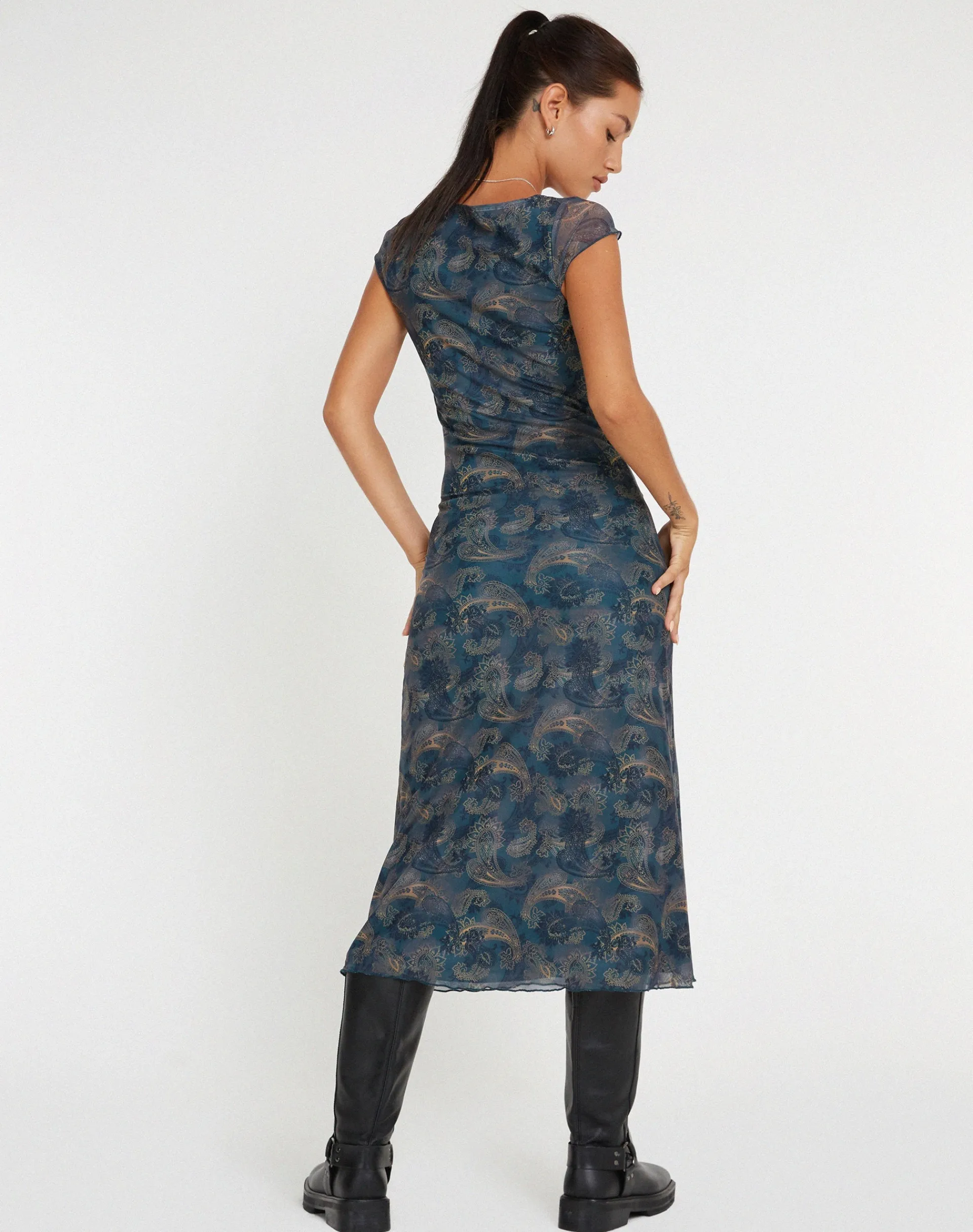 Motel Rocks Midi Dresses-Lunama Mesh Midi Dress in Tonal Blue Paisley