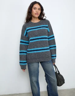 Motel Rocks Jumpers-Lunet Knitted Jumper in Stripe Grey and Blue StripeGreyandBlue