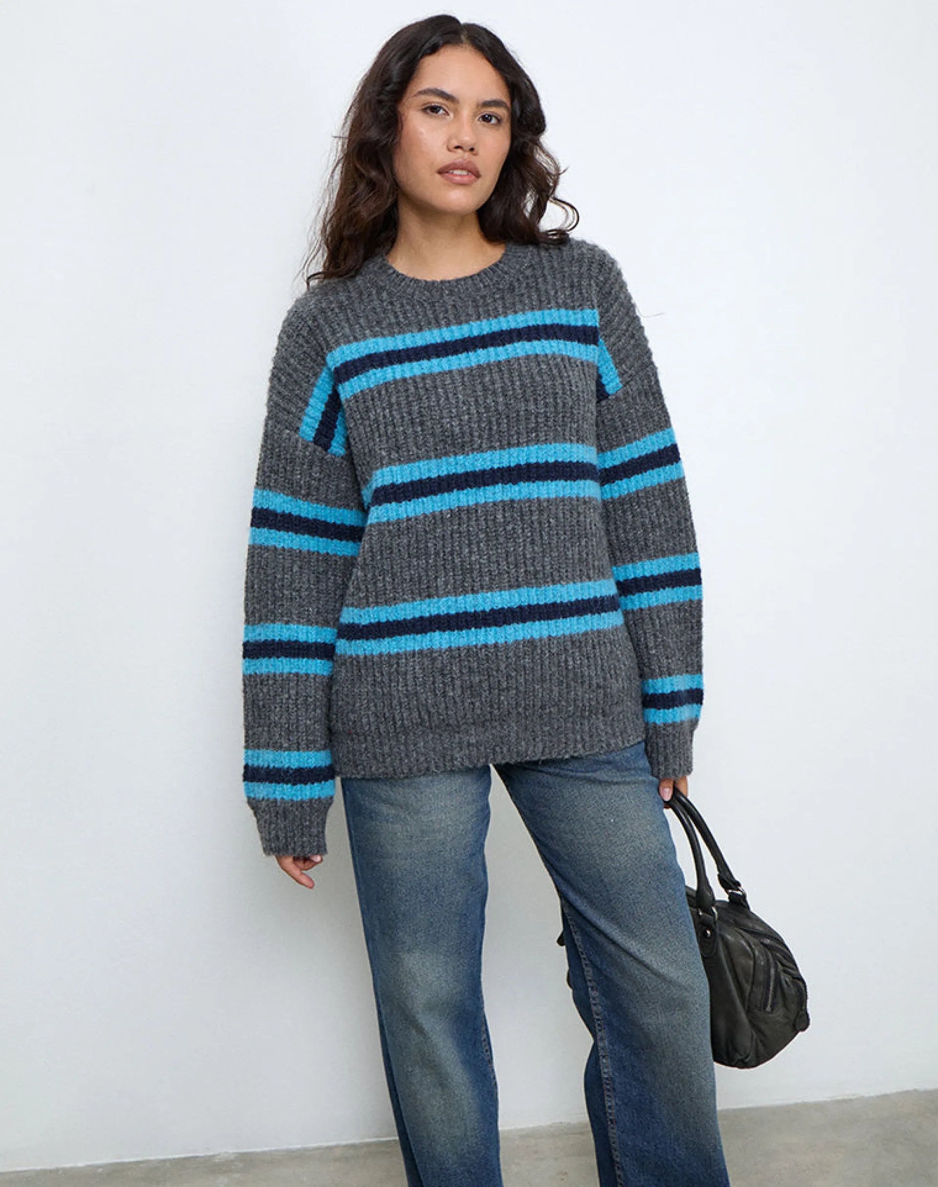 Motel Rocks Jumpers-Lunet Knitted Jumper in Stripe Grey and Blue StripeGreyandBlue