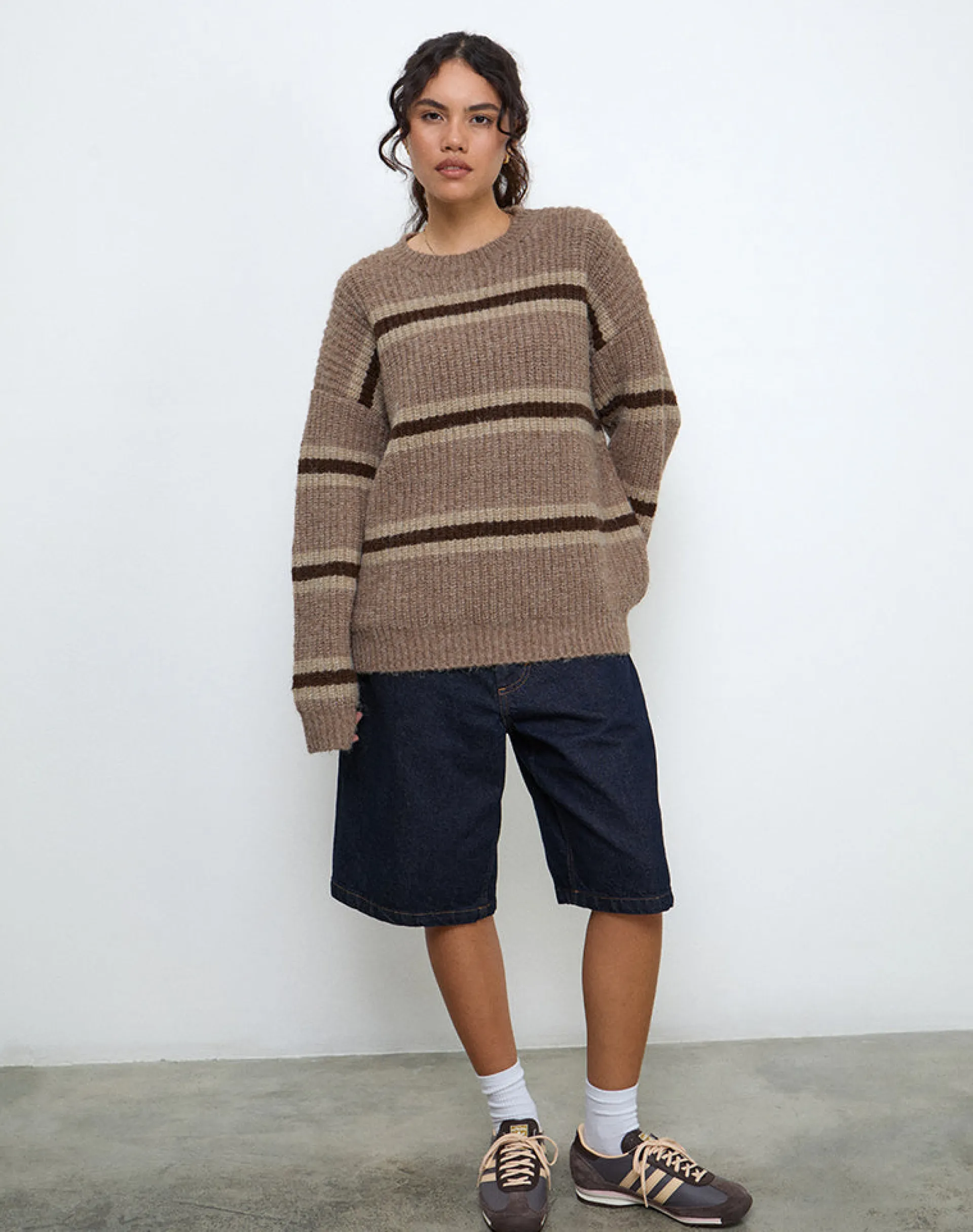 Motel Rocks Jumpers-Lunet Knitted Jumper in Stripe Tonal Brown StripeTonalBrown