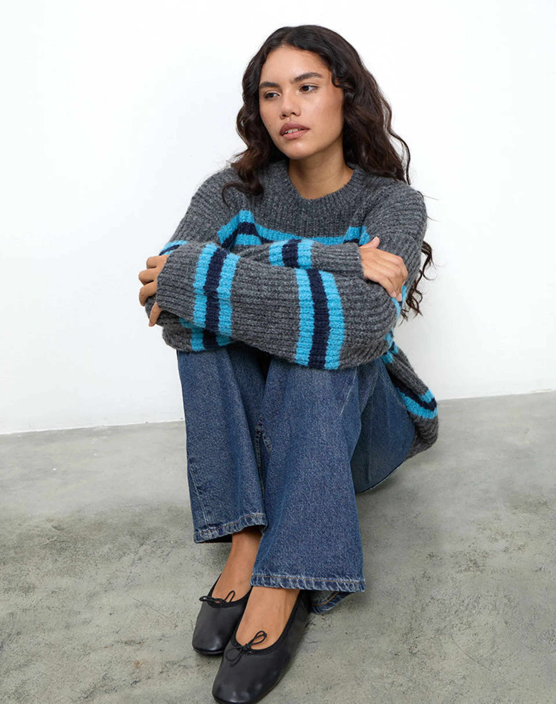 Motel Rocks Jumpers-Lunet Knitted Jumper in Stripe Grey and Blue StripeGreyandBlue