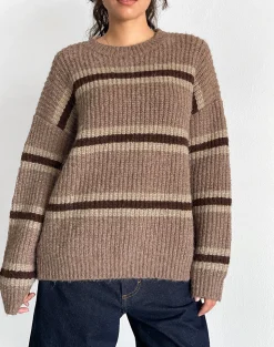 Motel Rocks Jumpers-Lunet Knitted Jumper in Stripe Tonal Brown StripeTonalBrown