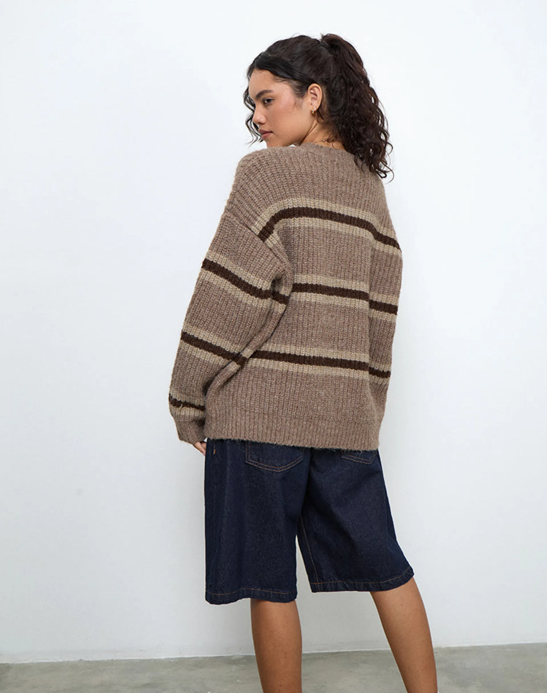 Motel Rocks Jumpers-Lunet Knitted Jumper in Stripe Tonal Brown StripeTonalBrown