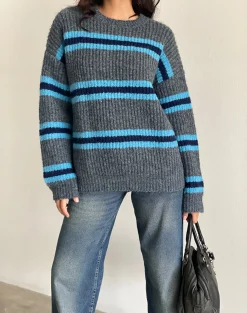 Motel Rocks Jumpers-Lunet Knitted Jumper in Stripe Grey and Blue StripeGreyandBlue
