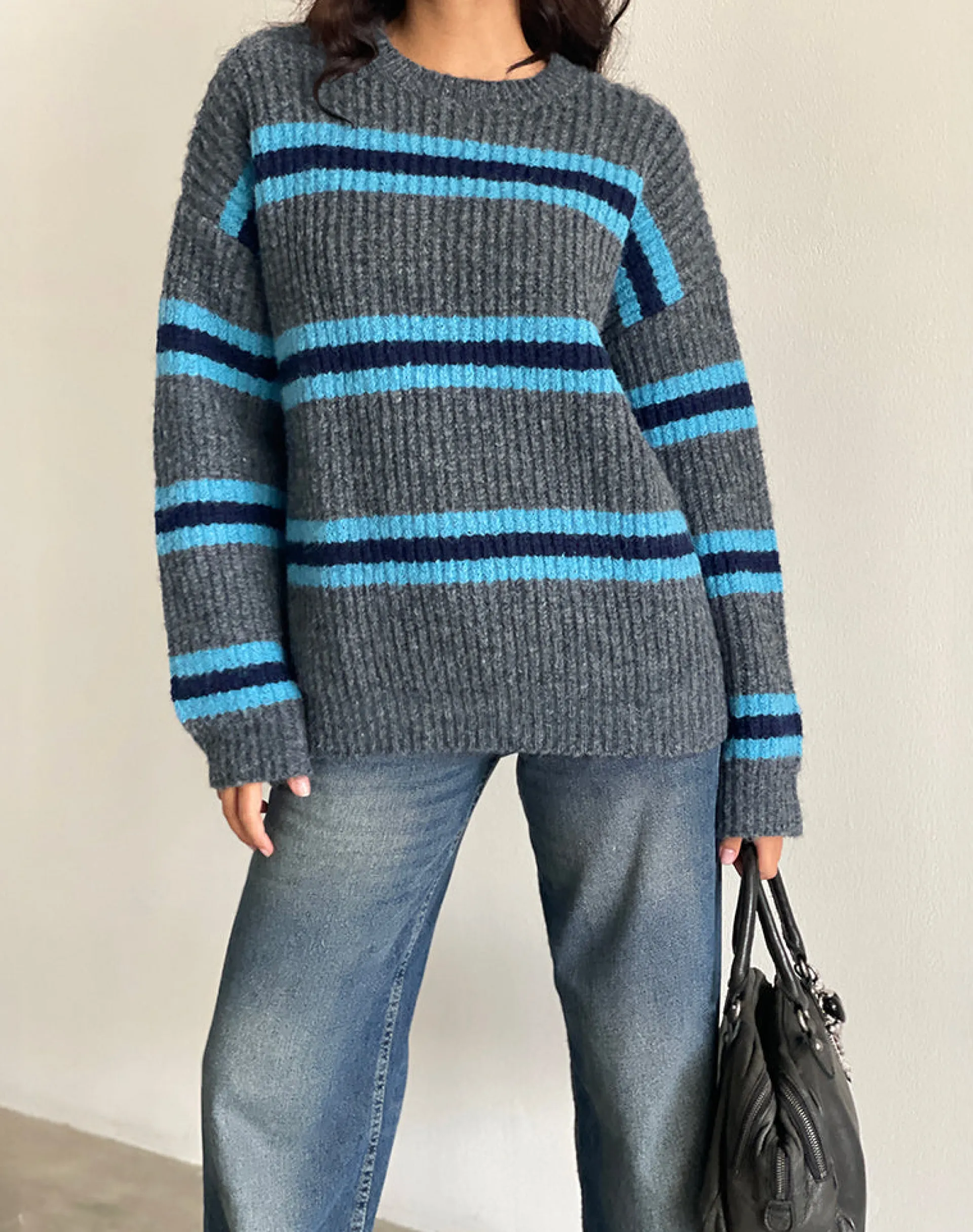 Motel Rocks Jumpers-Lunet Knitted Jumper in Stripe Grey and Blue StripeGreyandBlue