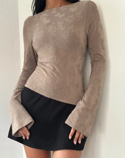 Motel Rocks Long Sleeve Tops-Lunica Long Sleeve Jersey Top in Jacquard Light Taupe JaqcuardLightTaupe