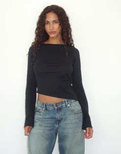 Motel Rocks Basics | Basic Tops-Lunica Long Sleeve Top in Tissue Jersey Black TissueJerseyBlack