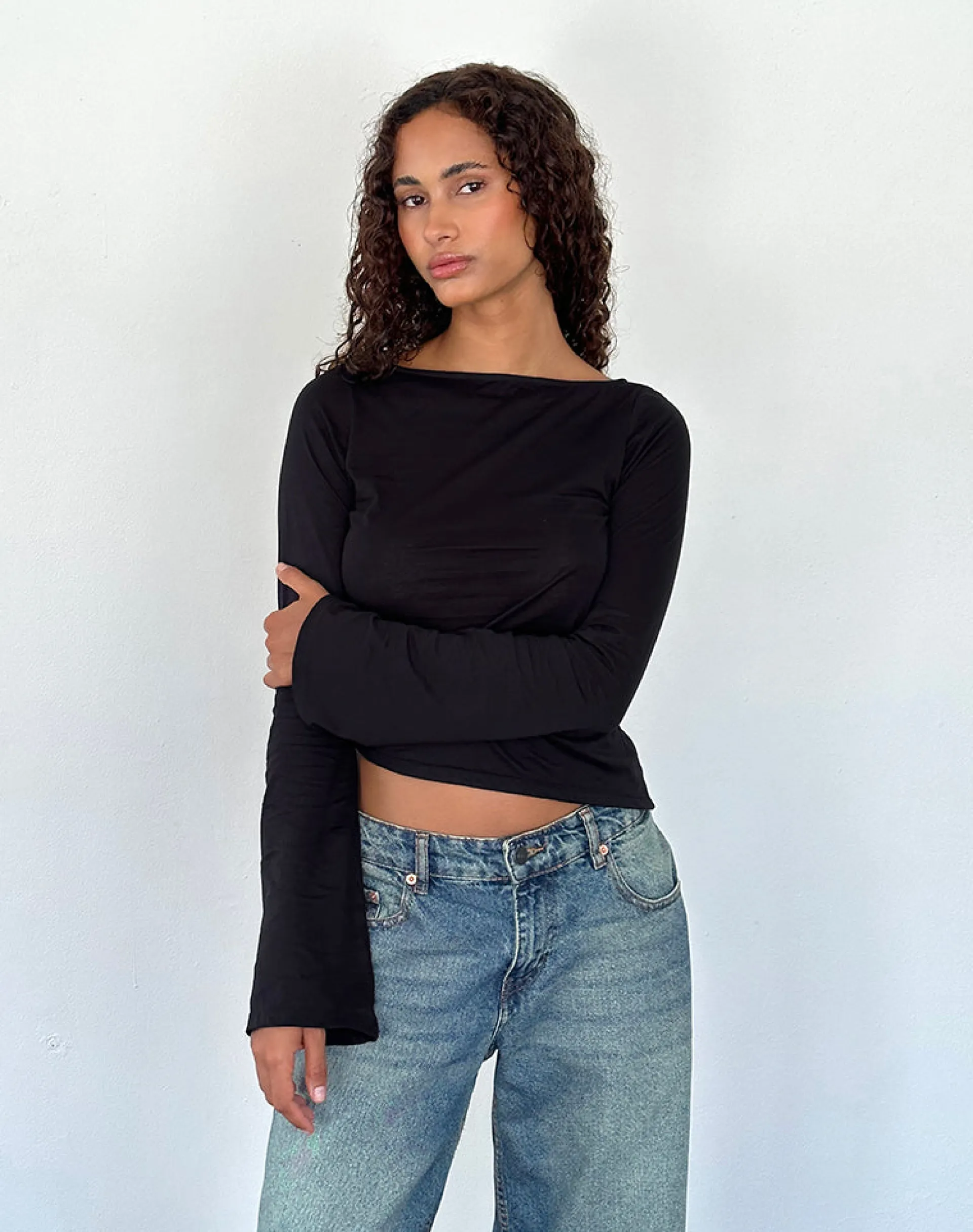 Motel Rocks Basics | Basic Tops-Lunica Long Sleeve Top in Tissue Jersey Black TissueJerseyBlack