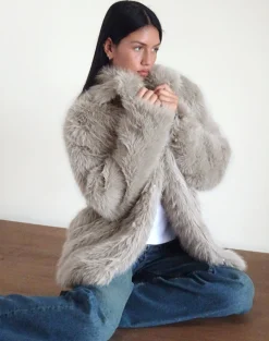 Motel Rocks Jackets | Coats-Lupita Jacket in Faux Fur Taupe FauxFurTaupe