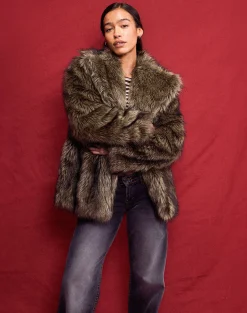 Motel Rocks Coats-Lupita Jacket in Faux Long Fur Brown FauxLongFurBrown