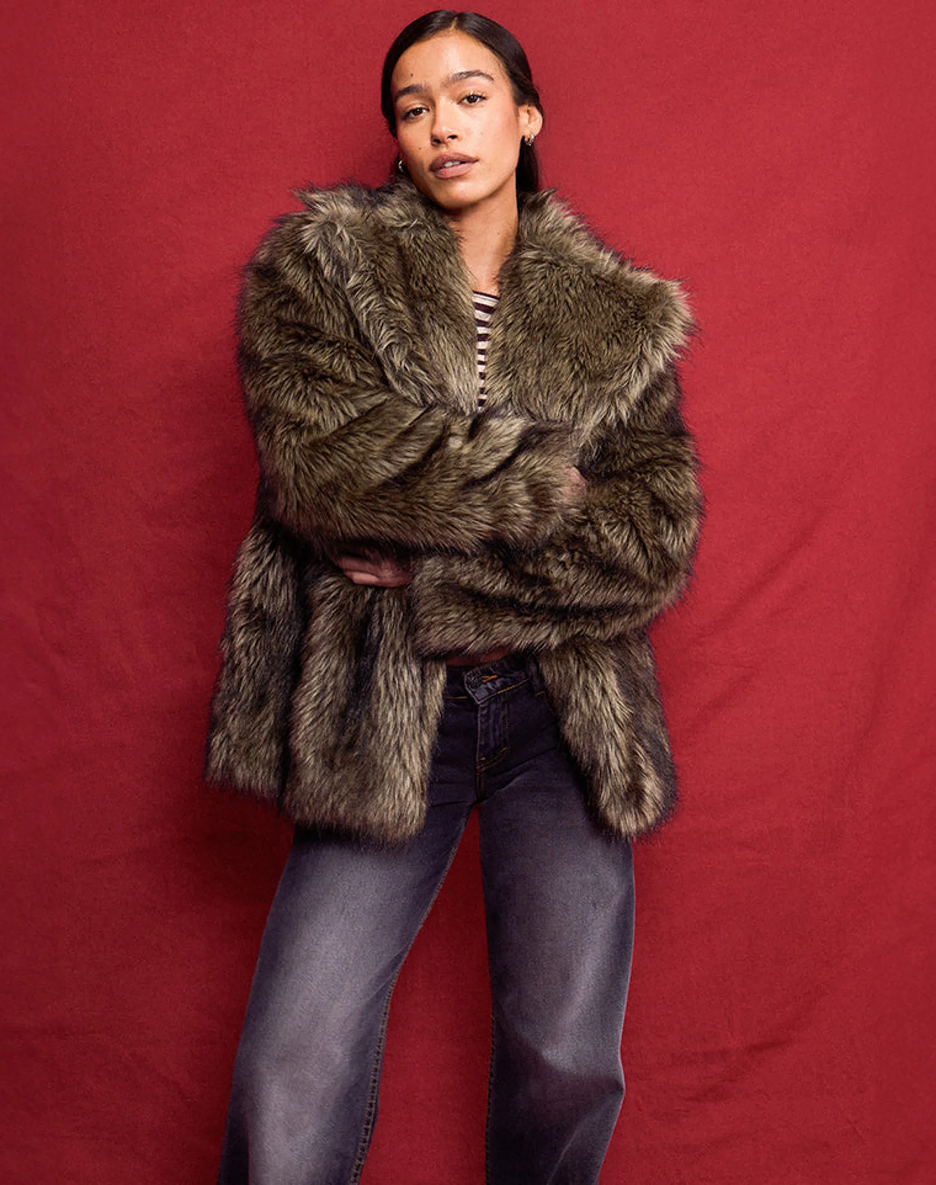 Motel Rocks Coats-Lupita Jacket in Faux Long Fur Brown FauxLongFurBrown