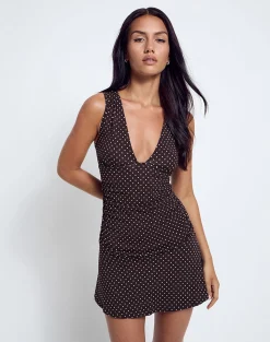 Motel Rocks Printed Dresses | Party Dresses-Luscian Plunge Mini Dress in Micro Polka Brown MicroPolkaBrown