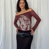 Motel Rocks Long Sleeve Tops-Lutana Bardot Top in Lumen Mesh Brown LumenMeshBrown