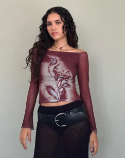Motel Rocks Long Sleeve Tops-Lutana Bardot Top in Lumen Mesh Brown LumenMeshBrown