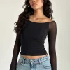 Motel Rocks Long Sleeve Tops | Going Out Tops-Lutana Bardot Top in Mesh Black MeshBlack