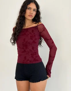 Motel Rocks Long Sleeve Tops | Going Out Tops-Lutana Top in Botanical Flower Maroon BotanicalFlowerMaroon