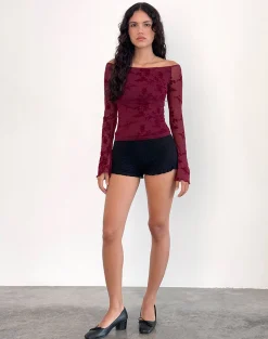Motel Rocks Long Sleeve Tops | Going Out Tops-Lutana Top in Botanical Flower Maroon BotanicalFlowerMaroon