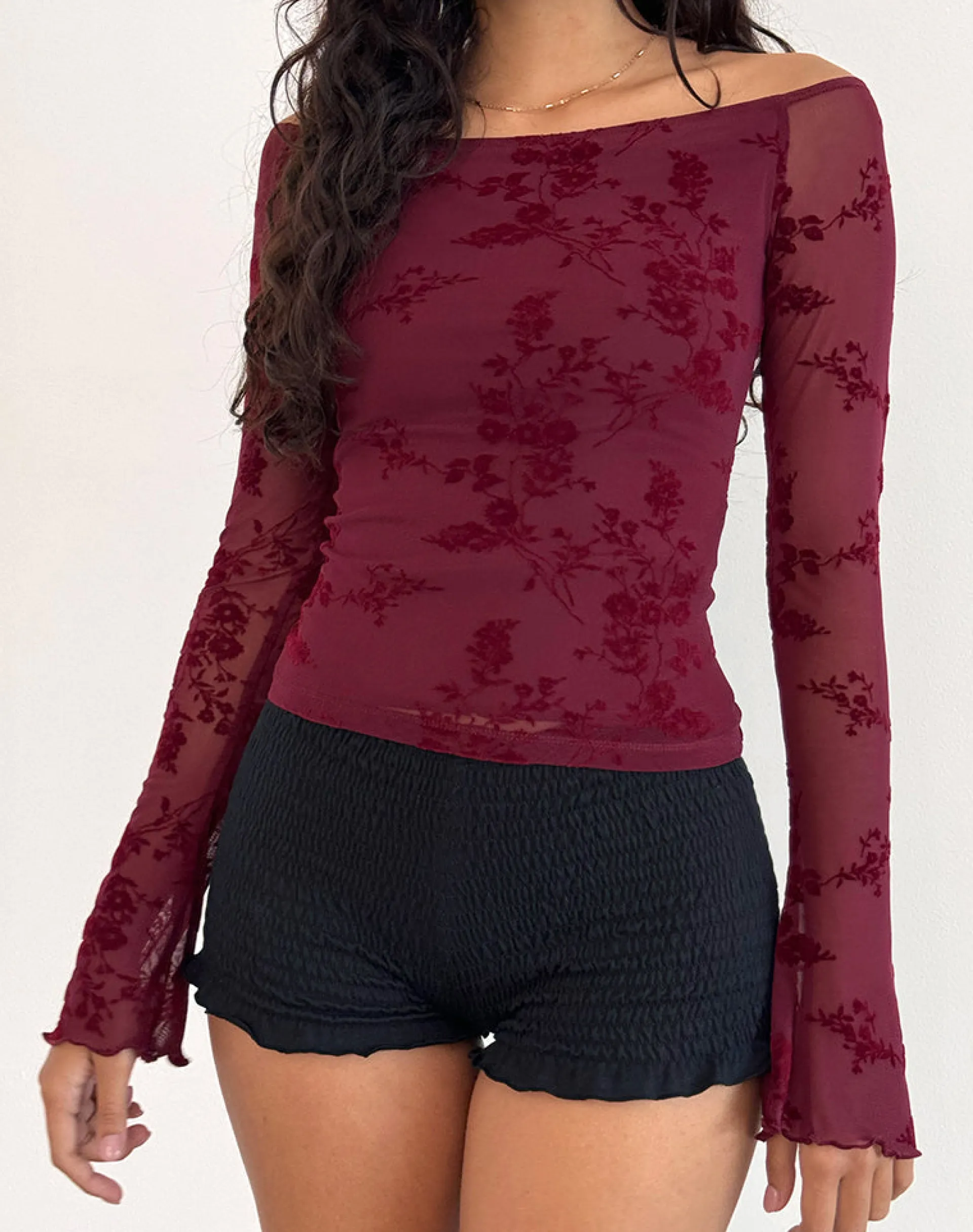 Motel Rocks Long Sleeve Tops | Going Out Tops-Lutana Top in Botanical Flower Maroon BotanicalFlowerMaroon