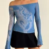Motel Rocks Printed Tops | Long Sleeve Tops-Lutana Top in Lumen Mesh Blue LumenMeshBlue