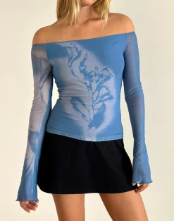 Motel Rocks Printed Tops | Long Sleeve Tops-Lutana Top in Lumen Mesh Blue LumenMeshBlue