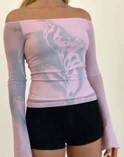 Motel Rocks Printed Tops | Long Sleeve Tops-Lutana Top in Lumen Mesh Peach LumenMeshpeach