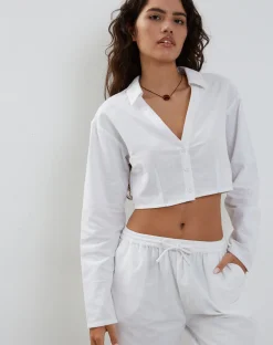 Motel Rocks Long Sleeve Tops-Lyse Super Cropped Shirt in White
