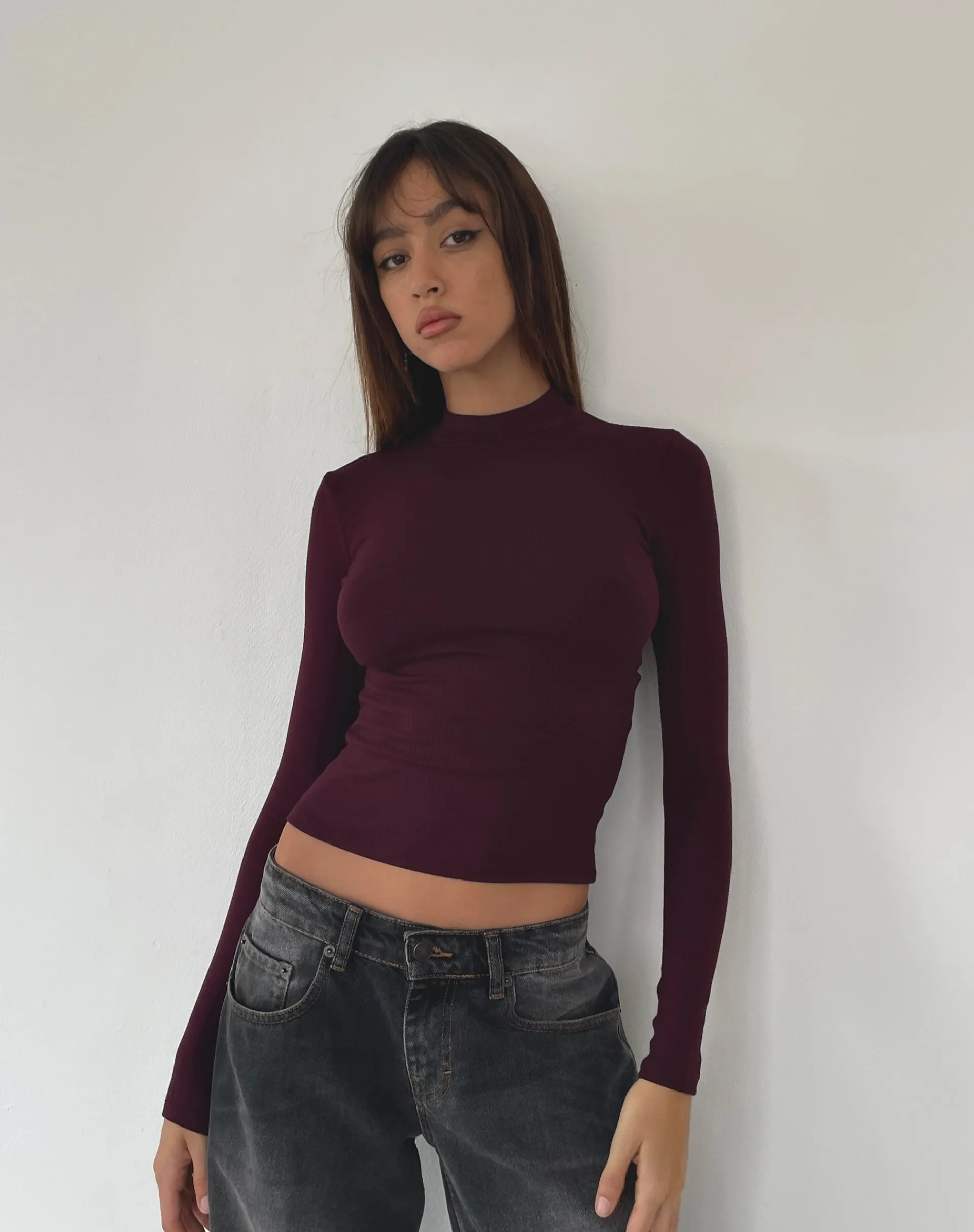 Motel Rocks Basics | Basic Tops-Mabel High-Neck Long Sleeve Ribbed Top in oxblood
