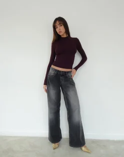 Motel Rocks Basics | Basic Tops-Mabel High-Neck Long Sleeve Ribbed Top in oxblood