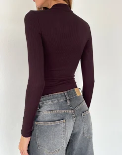 Motel Rocks Basics | Basic Tops-Mabel High-Neck Long Sleeve Ribbed Top in oxblood