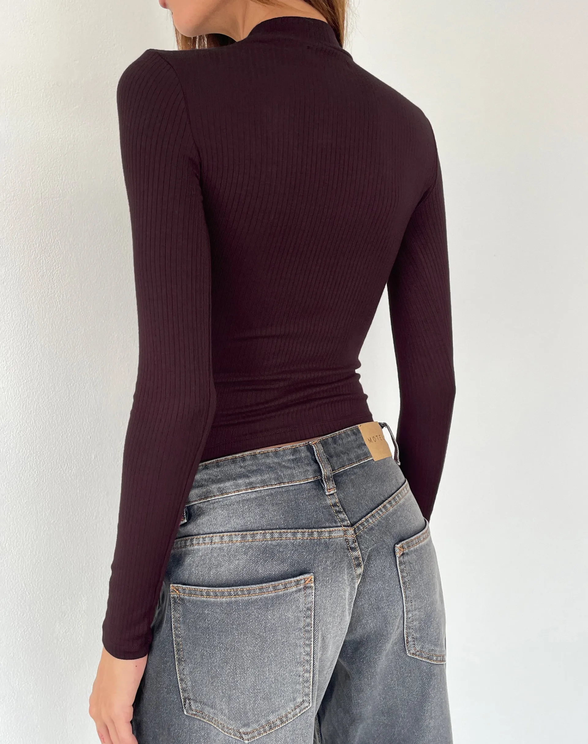 Motel Rocks Basics | Basic Tops-Mabel High-Neck Long Sleeve Ribbed Top in oxblood