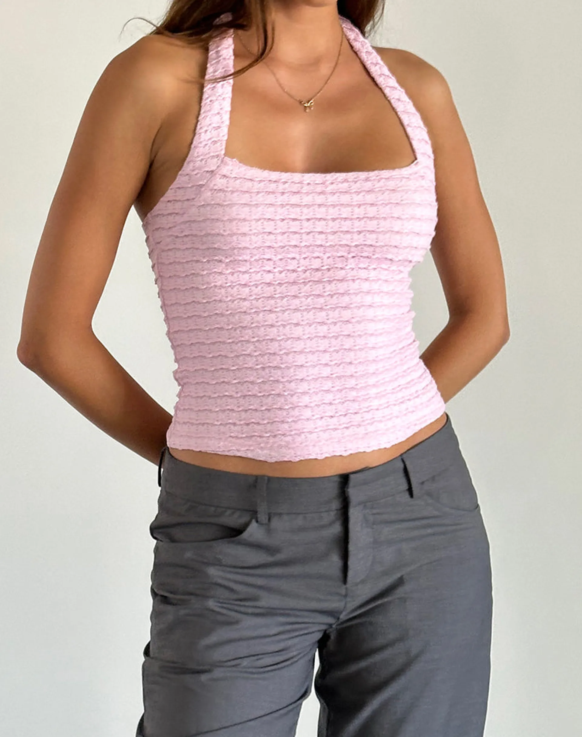Motel Rocks Halterneck Tops | Going Out Tops-Maggha Halterneck Top in Crinkle Pink crinklepink