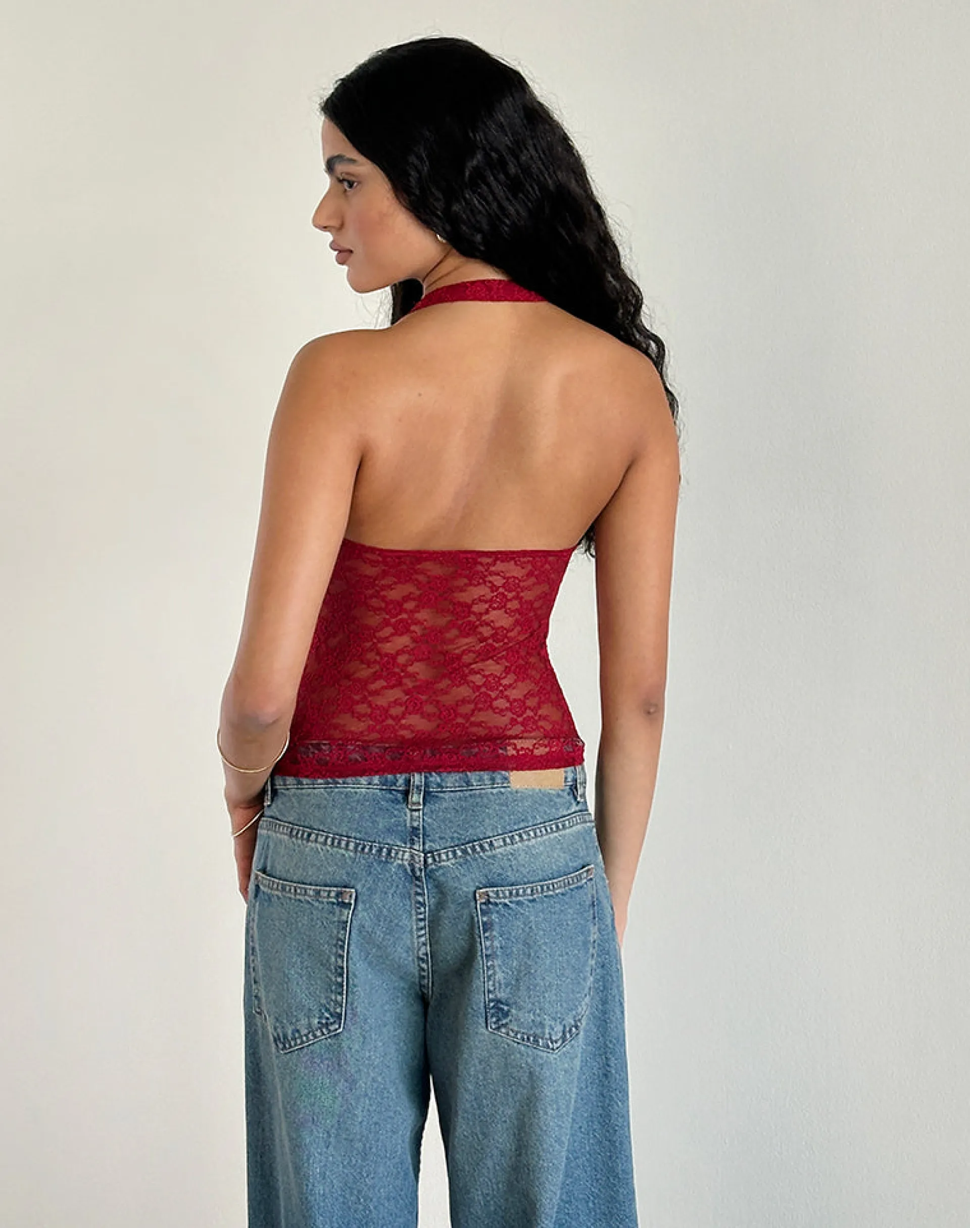 Motel Rocks Halterneck Tops | Lace Tops-Maggha Halterneck Top in Mari Lace Red MariLaceRed