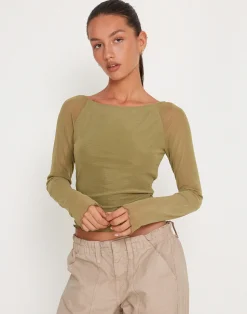 Motel Rocks Long Sleeve Tops-Mahira Long Sleeve Mesh Top in Olive MeshOlive