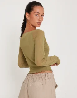 Motel Rocks Long Sleeve Tops-Mahira Long Sleeve Mesh Top in Olive MeshOlive