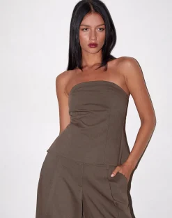 Motel Rocks Corset Tops | Bandeau Tops-Mairi Longline Bandeau Top in Taupe Tailoring TaupeTailoring