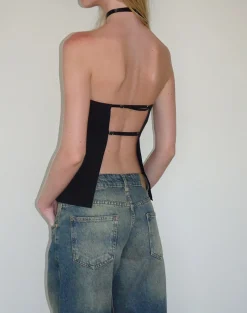 Motel Rocks Basics | Basic Tops-Mairi Longline Bandeau Top in Black Tailoring BlackTailoring