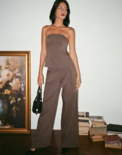 Motel Rocks Corset Tops | Bandeau Tops-Mairi Longline Bandeau Top in Taupe Tailoring TaupeTailoring