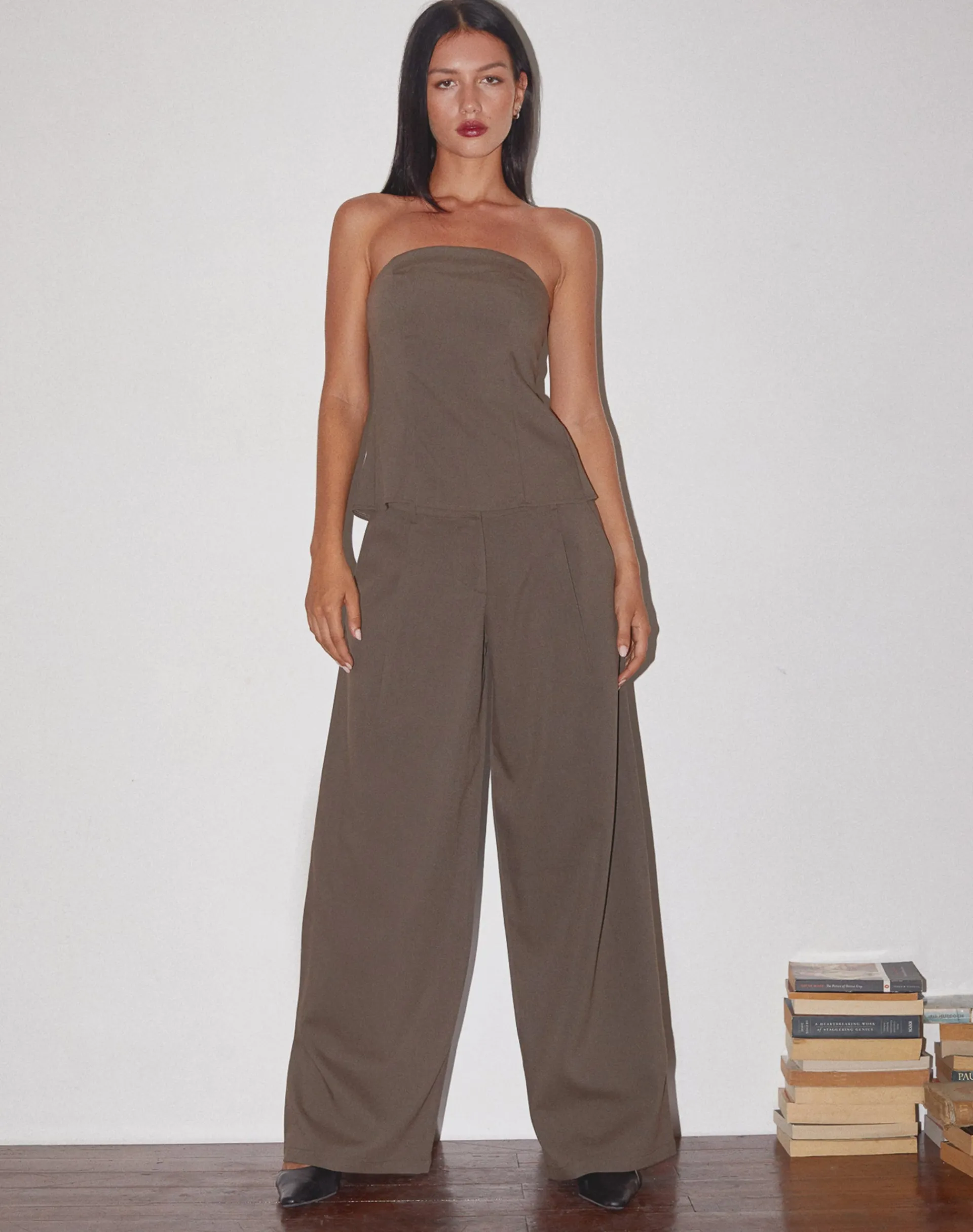 Motel Rocks Corset Tops | Bandeau Tops-Mairi Longline Bandeau Top in Taupe Tailoring TaupeTailoring