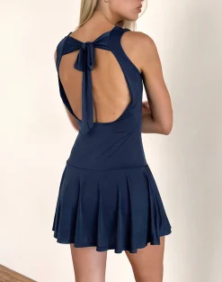 Motel Rocks Day Dresses | Mini Dresses-Maisha Open Back Bow Mini Dress in Slinky Navy